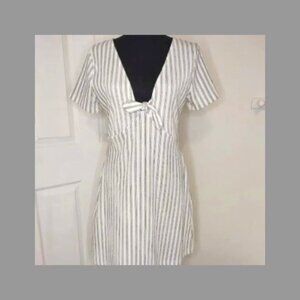 ZARA Pinstripe Front Tie Mini Dress White Gray Womens Size Medium